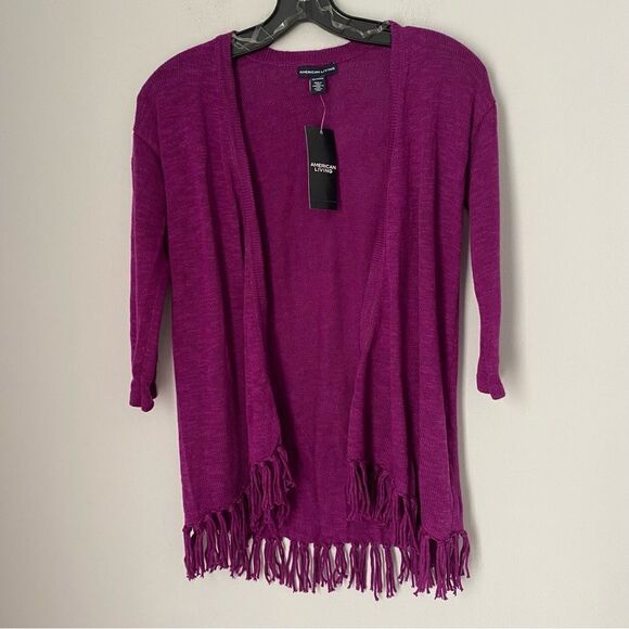 American Living Women’s Open Waterfall Front Fringe Details Purple Cardigan - Picture 1 of 4